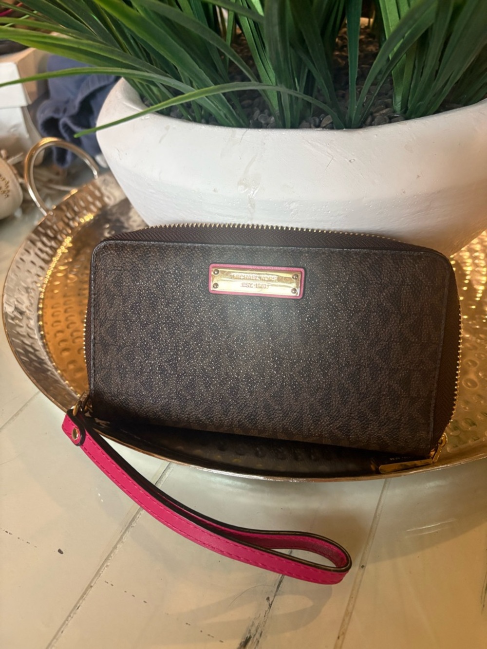 Michael Kors Brown Signature Wristlet with Pink Strap